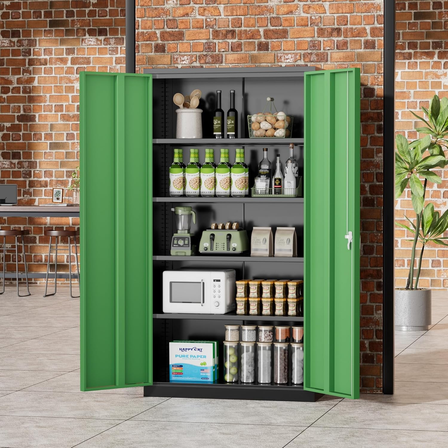 SOLAURA Metal Storage Cabinet, 72" x 36" x 18" Garage Storage Cabinet with Lock, Metal Cabinet with 2 Doors and 4 Adjustable Shelves for Office, Home, Shops, Garage, Black Green