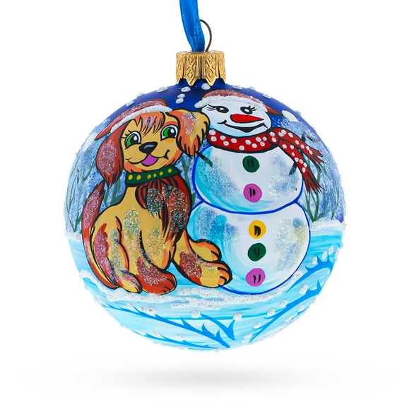 Dog and Snowman Friendship Glass Ball Christmas Ornament 3.25 Inches