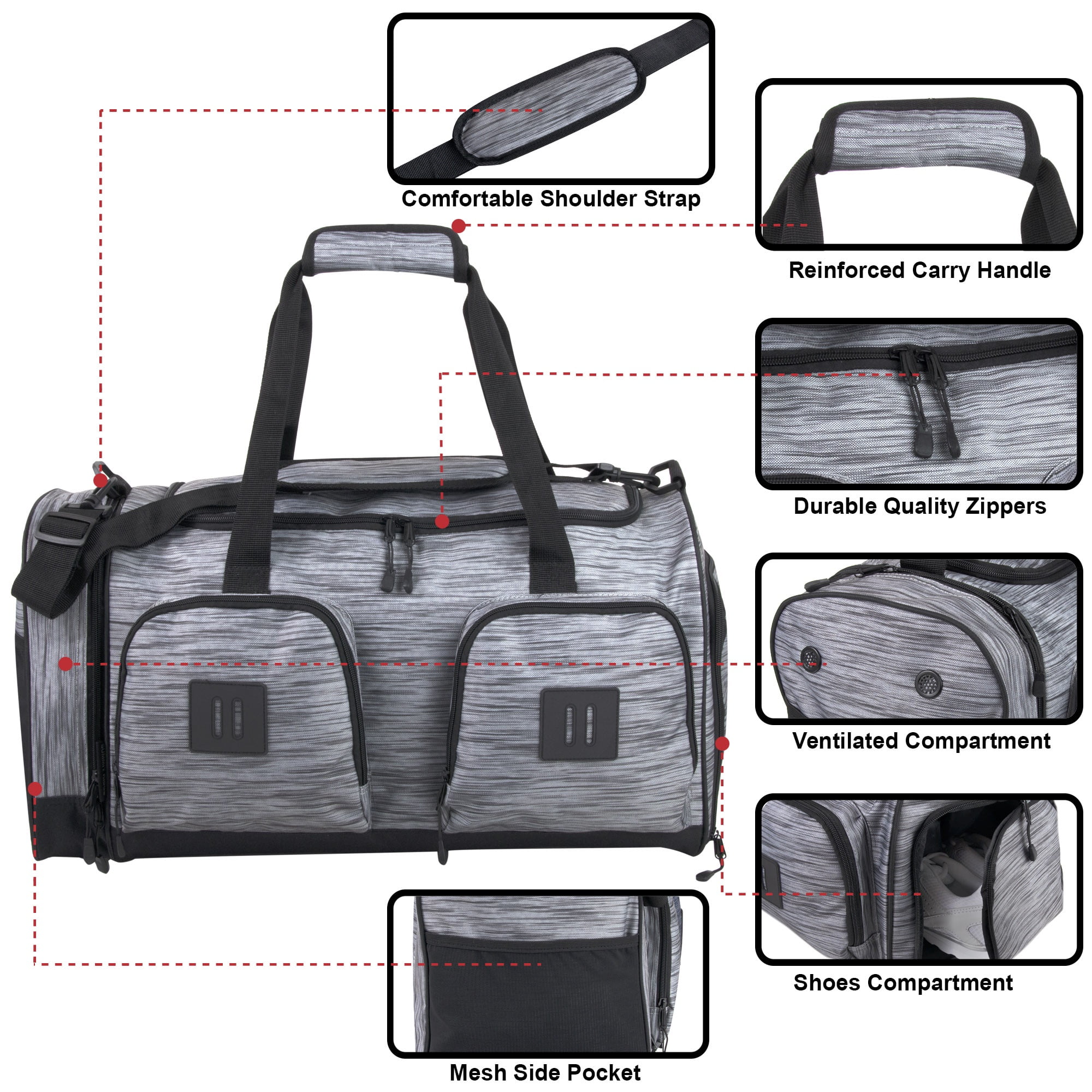 Summit Ridge 22"L Duffel Bag 38 Liter Capacity for Gym Clothes, Sports Equipment, Towels, Sneakers, Travel, Commute in Gray