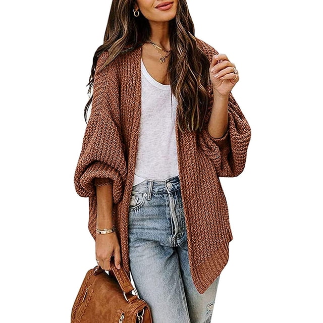 Women's Chunky Sweater Cardigan Lantern Sleeve Open Front Oversized with Pocket Winter