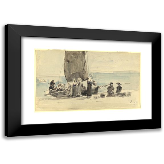 Eugne Boudin 24x16 Black Modern Framed Museum Art Print Titled - Loading the Boats (C. 1875)