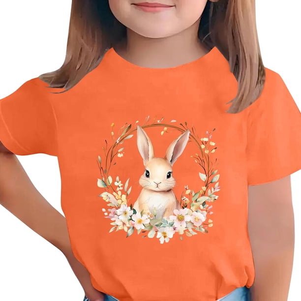 Manga Corta Crop Top para Niños con Lindo Estampado de Pascua, Cuello Redondo Casual Graphic Tee para 3-14 Años, Tela Suave Transpirable