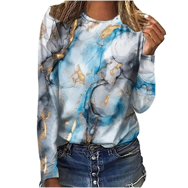 IROINID T-Shirt à Manches Longues en Polyester pour Femmes Loisirs Col Rond Hauts Amples T-Shirts Imprimés Blouse, Bleu Clair