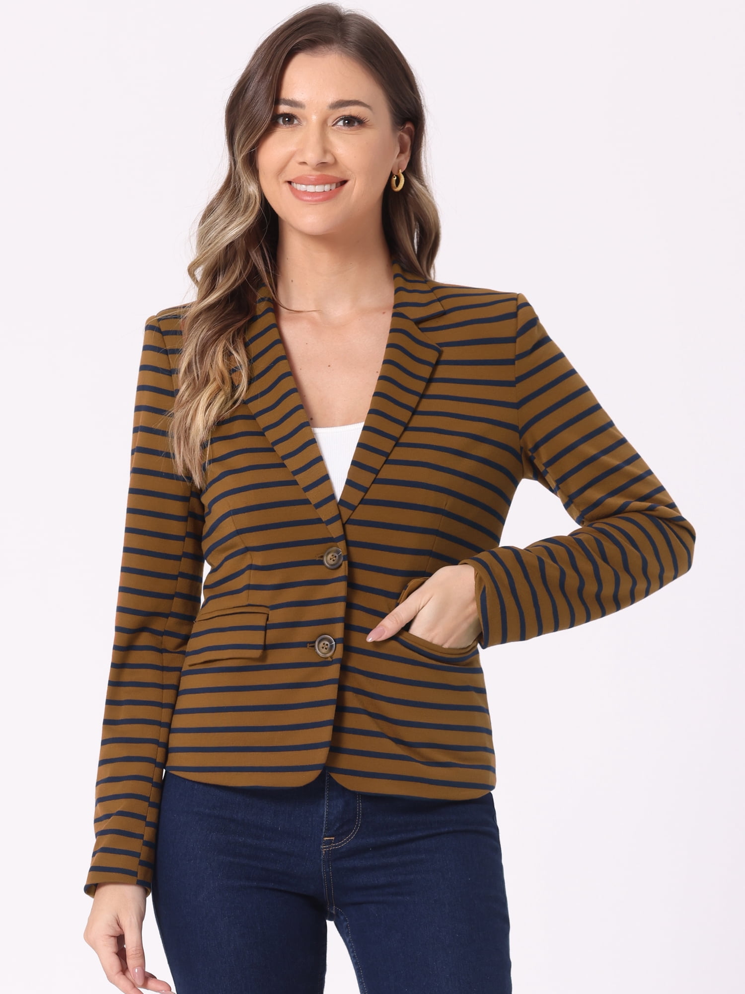 DARING DIVA Women's Striped Notched Lapel Button Closure Blazer M Navy Brown