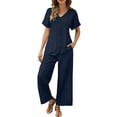 thumbnail image 3 of Zynoxe 2 Piece Sets for Women Going Out Trendy V Neck Button Down Top Elastic Waist Lace Pants Suit Soft Breathable Cotton Linen Womens Lounge Set Casual Loose Solid Color Summer Outfits L, 3 of 10