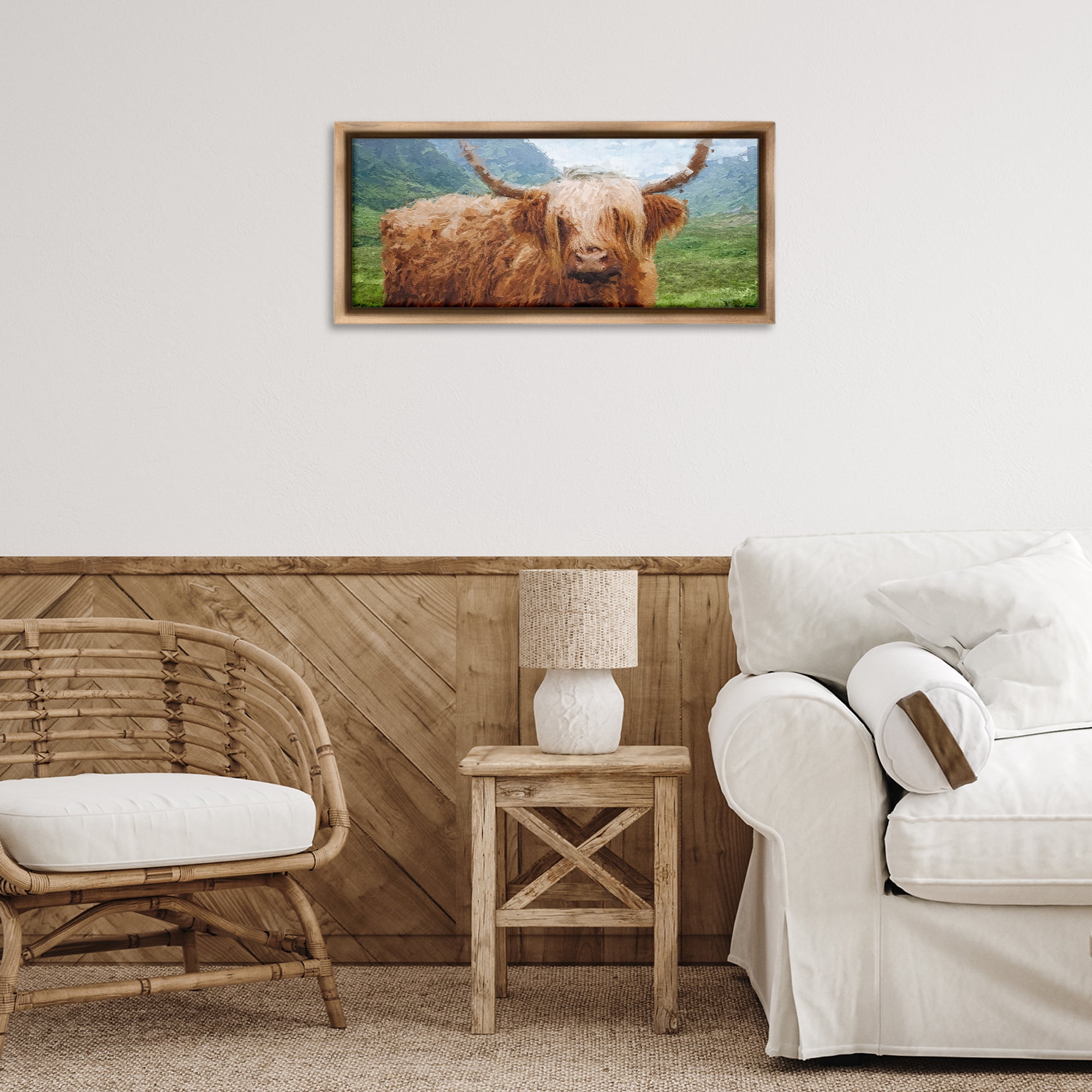 Stupell Industries Impressionist Highland Cattle Animals & Insects Painting Brown Floater Framed Canvas Art Print Wall Art, 25 x 11