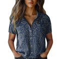 thumbnail image 2 of Bovemsi Women Cotton Shirt Printed Fashion Down Shirts Casual Tops Short Sleeve Blouse, Blue Women's Summer Shirts, L, 2 of 4