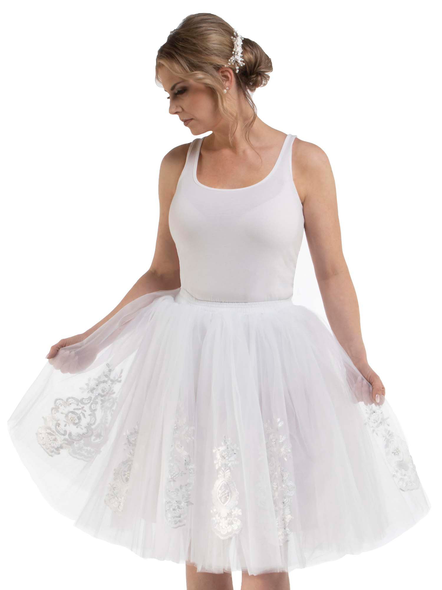 white dress with tulle skirt