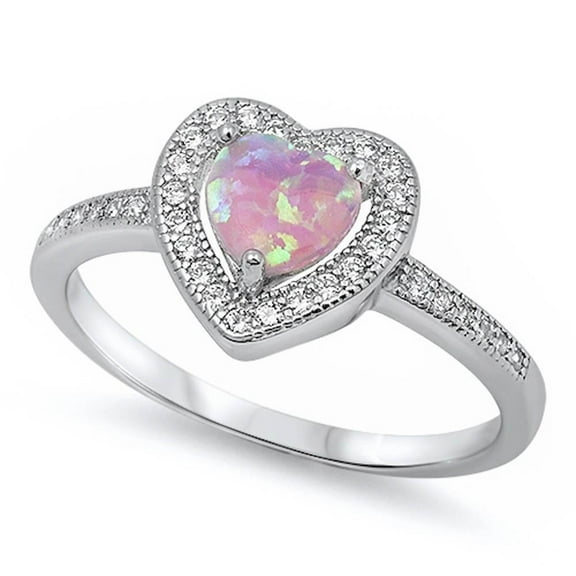 Halo Simulated Opal Clear CZ Heart Ring Sterling Silver Size 6