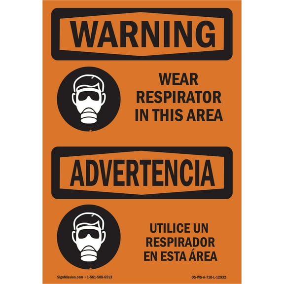 OSHA WARNING Sign - Wear Respirator In This Area Bilingual | Decal | Protect Your Business, Work Site, Warehouse & Shop Area | Made in the USA