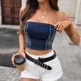thumbnail image 2 of Fewfanhot Womens Tops Casual Slim Fit Tube Denim Top Solid Elastic Trim Pullover Crop Tops, 2 of 7