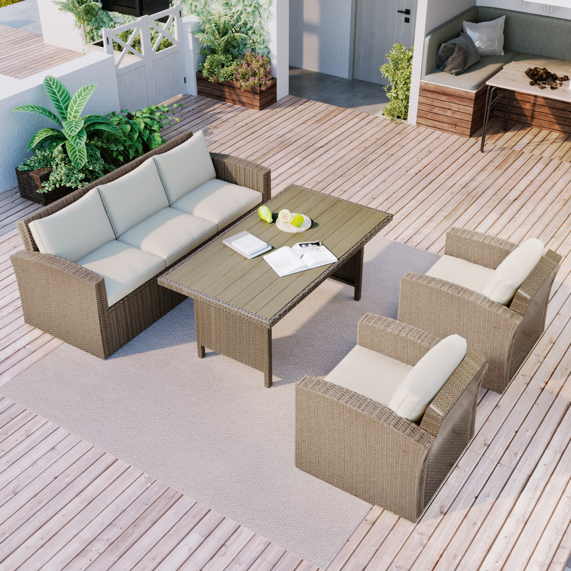Andoer Outdoor Patio Furniture Set 4-Piece, Conversation Set Wicker Furniture Sofa Set with Beige Cushions - image 1 of 7