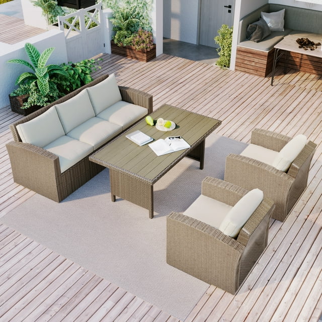 Andoer Outdoor Patio Furniture Set 4-Piece, Conversation Set Wicker Furniture Sofa Set with Beige Cushions