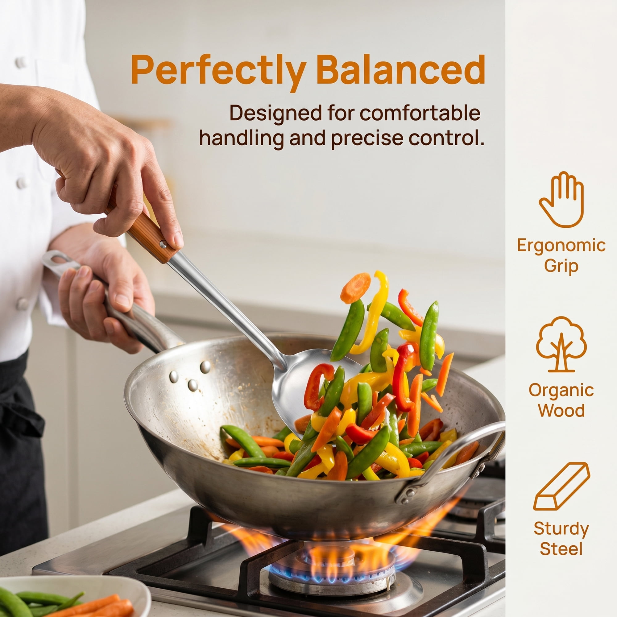 Unique Bargains Cooking Utensil Set, Stainless Steel Kitchen Gadgets Silver-Wood A 2pcs