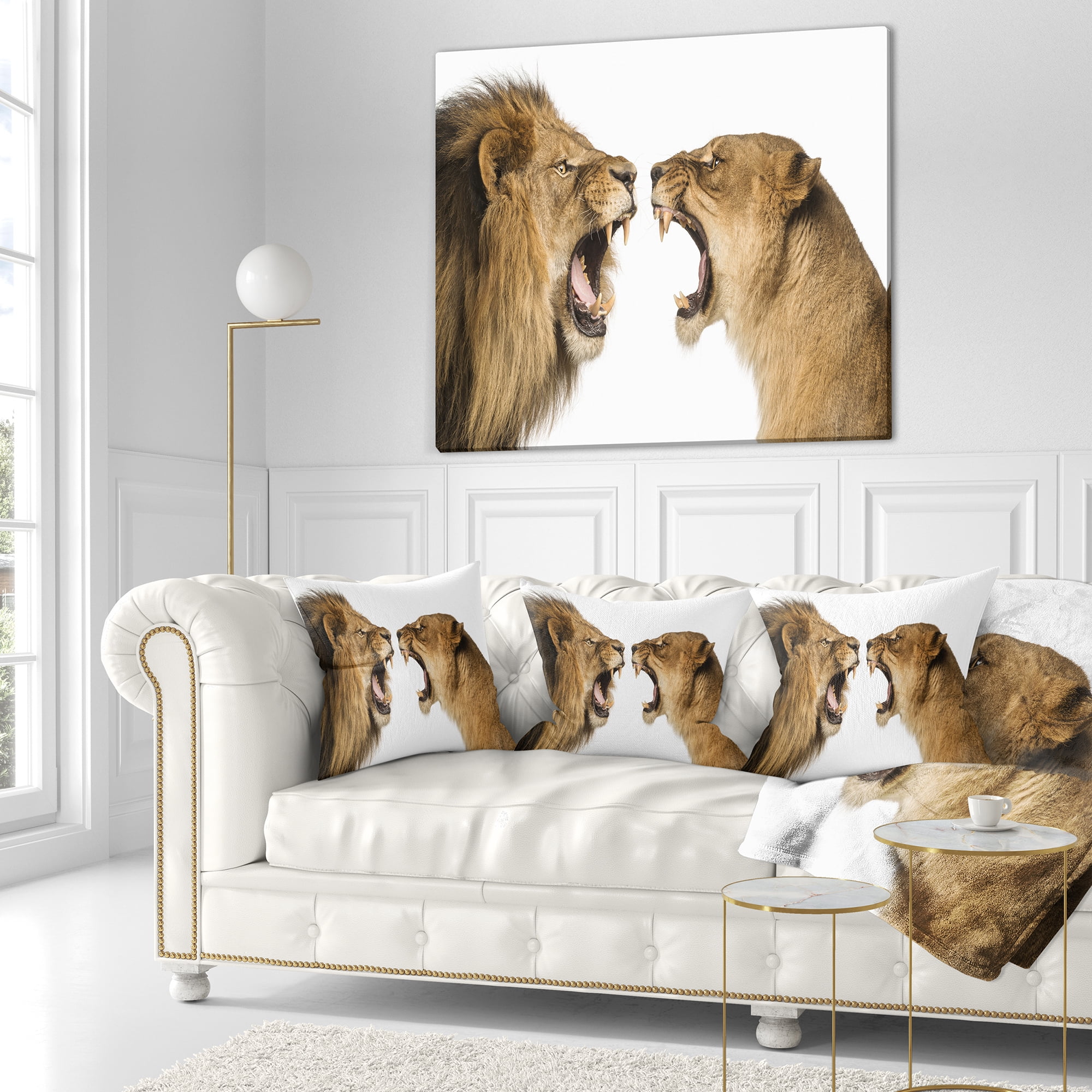 Designart Lion and Lioness Roaring - Abstract Throw Pillow - 18x18