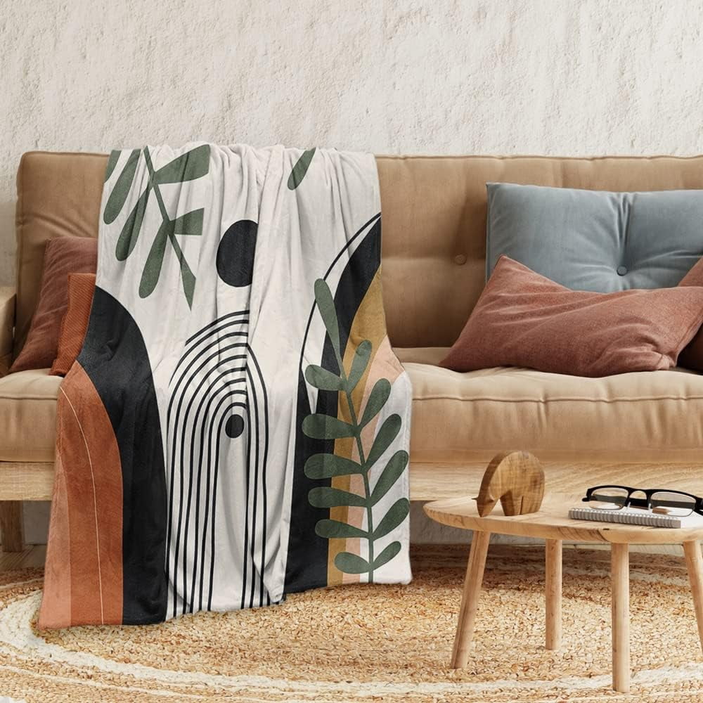 Abstract Modern Throw Blanket Boho Minimalist Mid Century Sun Aesthetic Soft Warm Bed Bedding Women Blankets for Couch Bedroom Sofa Office Cozy Flannel Blanket Orange Beige Black,60"X80"