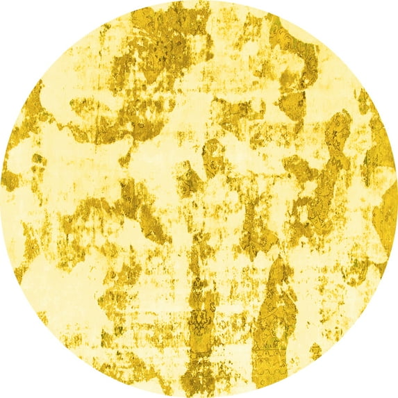Ahgly Company Machine Washable Indoor Round Abstract Yellow Modern Area Rugs, 4' Round
