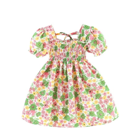 

dmqupv Dress with Diaper Cover Toddler Girls Short Sleeve Dresses Kids Floral Printed Princess Spring Dress Size 16 Green 18-24 Months