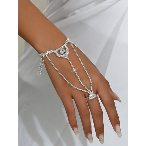 PISONIC Full Rhinestone Butterfly Link Chain Crystal Finger Bracelet with Ring Bracelet Link with Ring Bracelet Accessories Party for Women