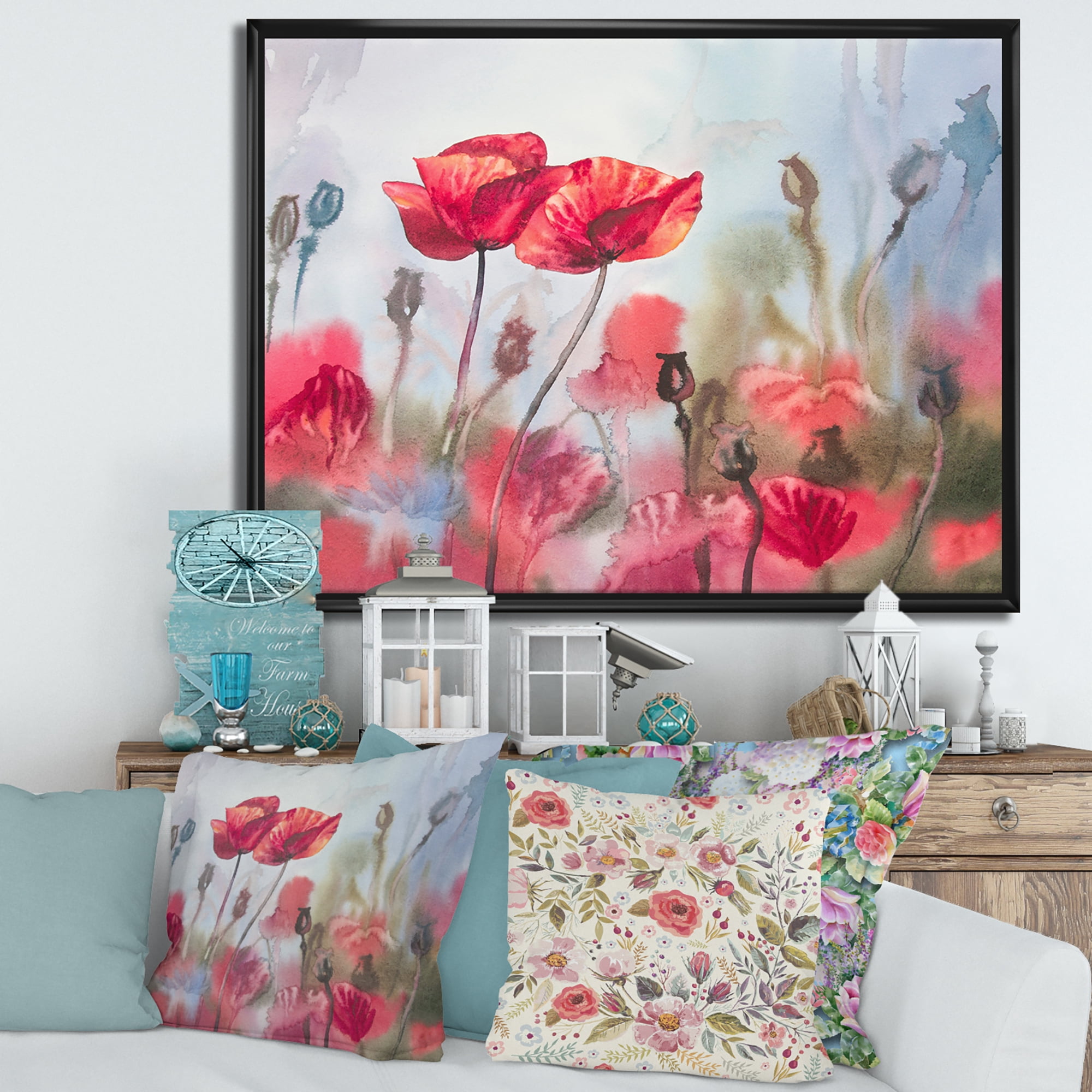Designart 'Blossoming Red Poppies In The Meadow' Traditional Framed Canvas Wall Art Print