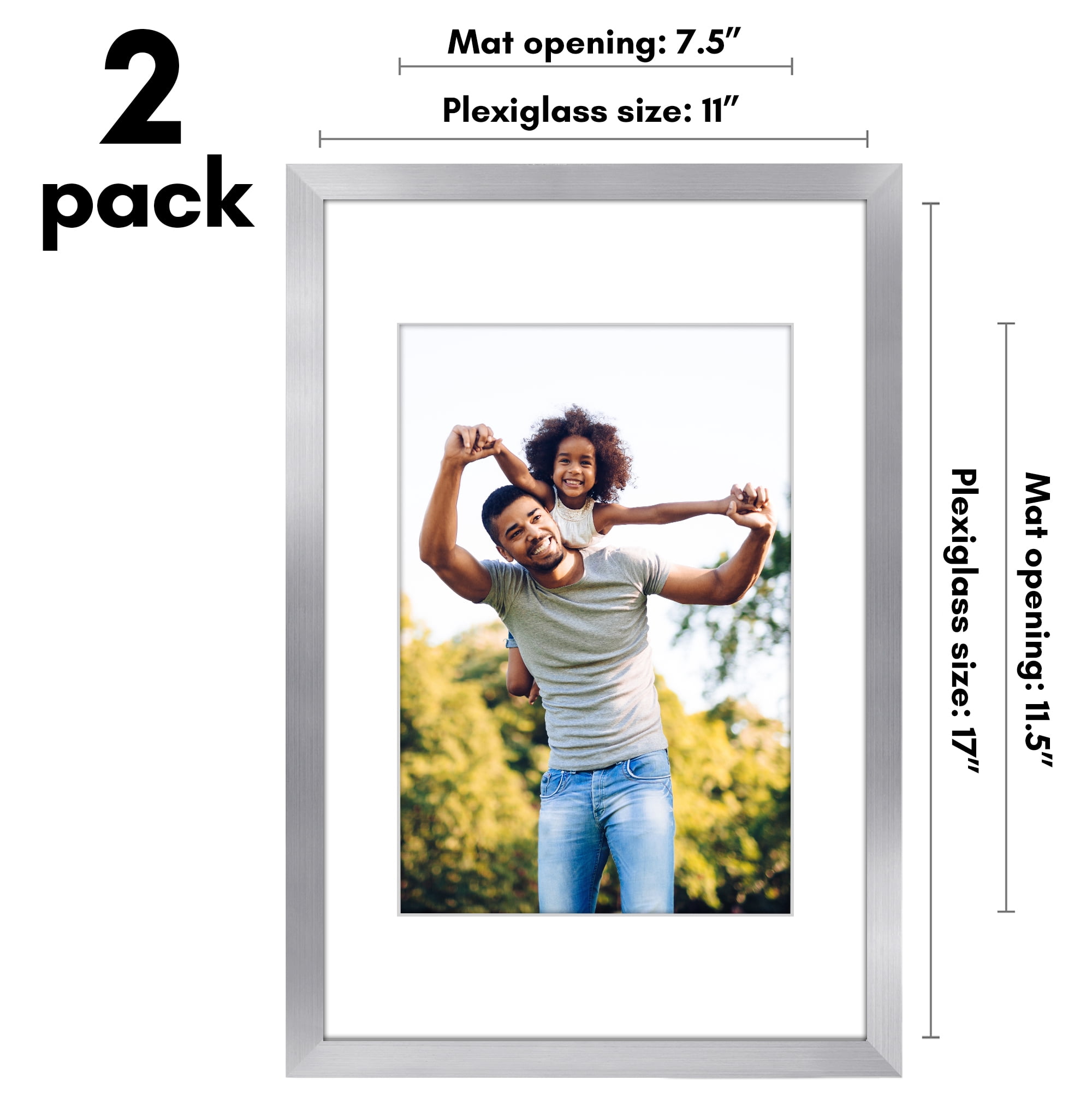Americanflat 11x17 Picture Frame with Polished Plexiglass with 8x12 Mat 2 Pack Display Photo Galleria - Silver