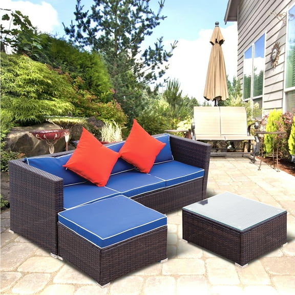 TOPCHANCES Outdoor Patio Furniture Sets 3 Piece Sectional Conversation Wicker Sofa Set with Soft Pillows, Outdoor Sectional Sofa for Garden, Balcony, Backyard
