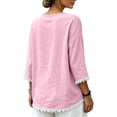 thumbnail image 6 of Qzwdhjm Linen 3/4 Sleeve Tops for Women V Neck Loose Fit Shirts with Frayed Hem Summer Fall Casual Blouses for Dailywear, 6 of 8