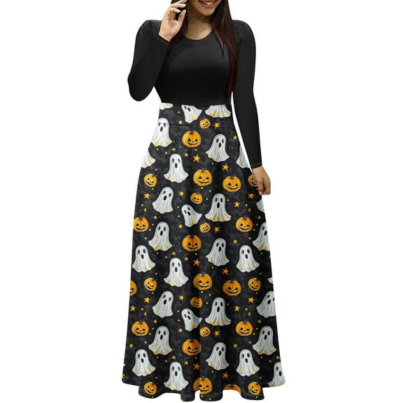 Maxi Dresses for Women Long Sleeve Printed Patchwork Dress High Waist Fall Casual Flowy A Line Party Dress