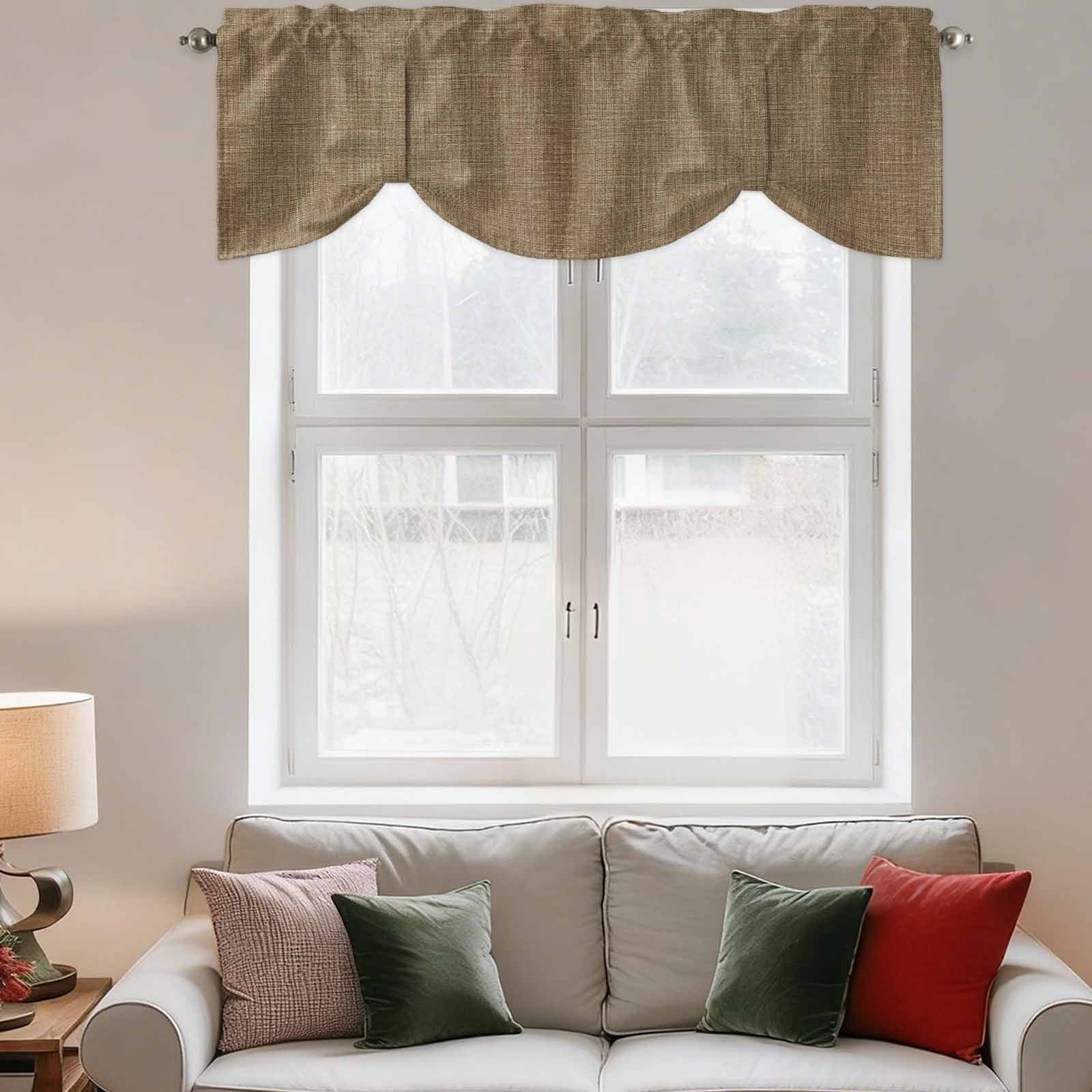 Tie Up Valances for Windows, Vintage Brown Adjustable Valance Curtains Window Treatment for Living Room, Farmhouse Retro Dark Solid Color Linen Texture Rod Pocket Kitchen Curtains 42x12 Inch