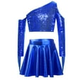 thumbnail image 3 of TSSOE Kids Girls 2 Piece Sequin Jazz Dance Outfit Long Sleeve Metallic Fringed Crop Top and Mini Pleated Skirts Set Royal Blue 16, 3 of 7