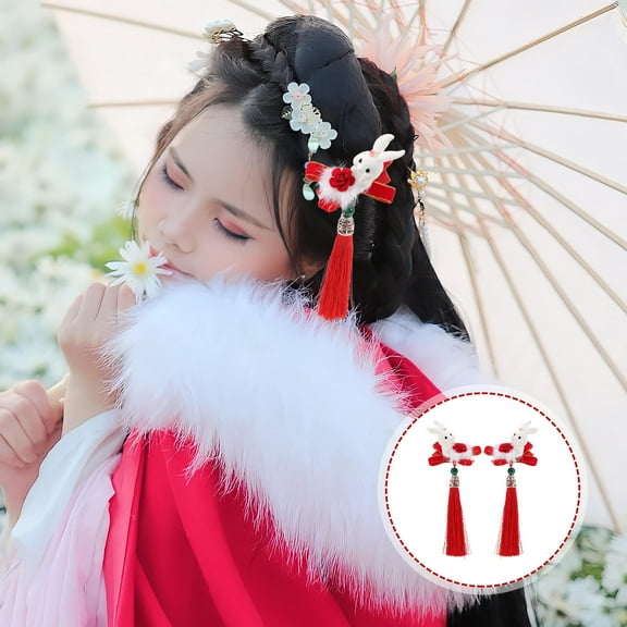 HAKIDZEL Chinese Style Bunny Shape Hair Clips Red Cloth Metal 2Pcs 5.5x2.8in