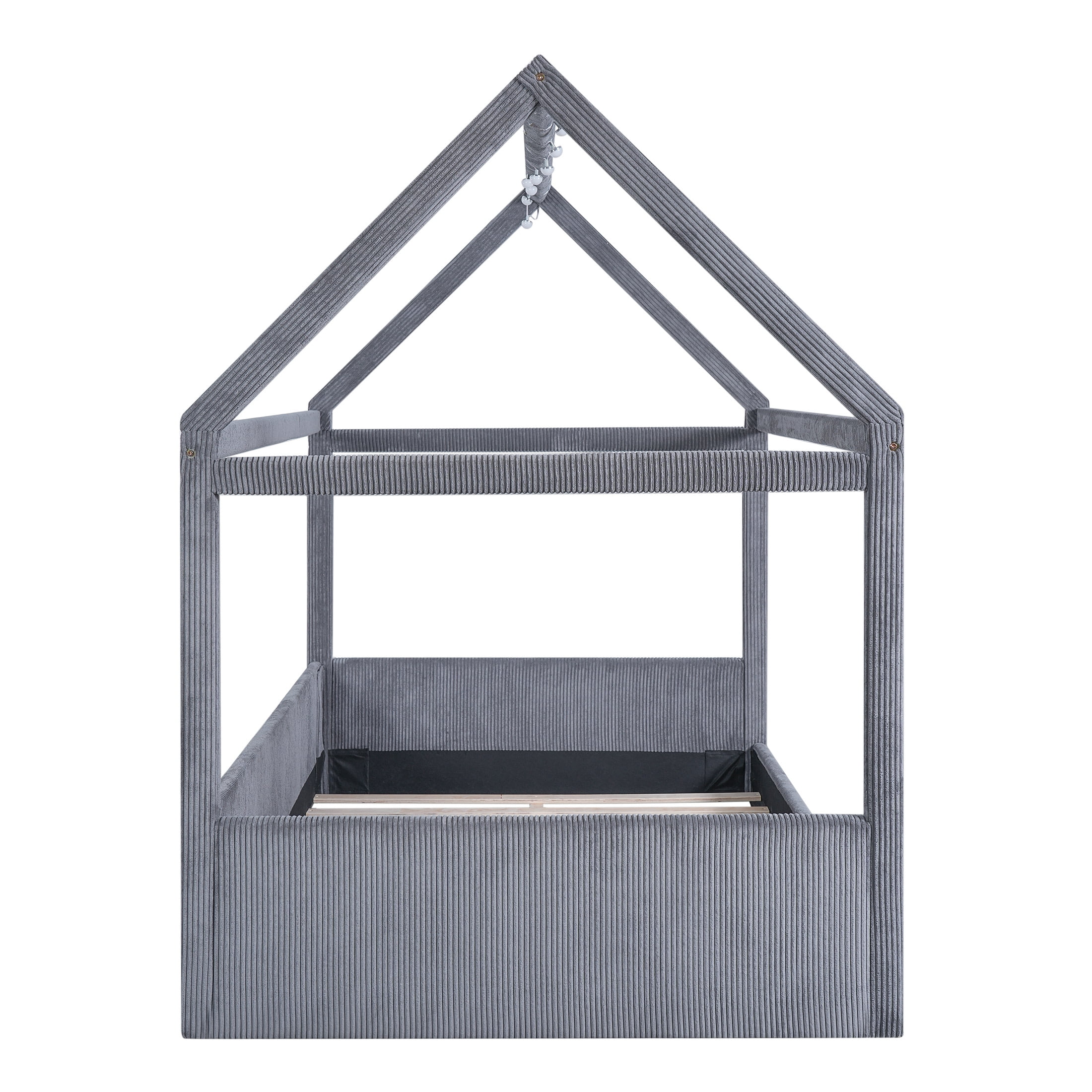 Noble House Kilby Full Upholstered House Daybed, Corduroy Montessori Bed with Touch-Switch LED Lighting, Grey