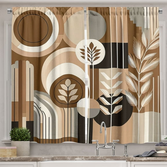 Ambesonne Monstera Kitchen Curtains, Boho Arrange Mid Century, 55"x24", Dark Cocoa Pale Brown