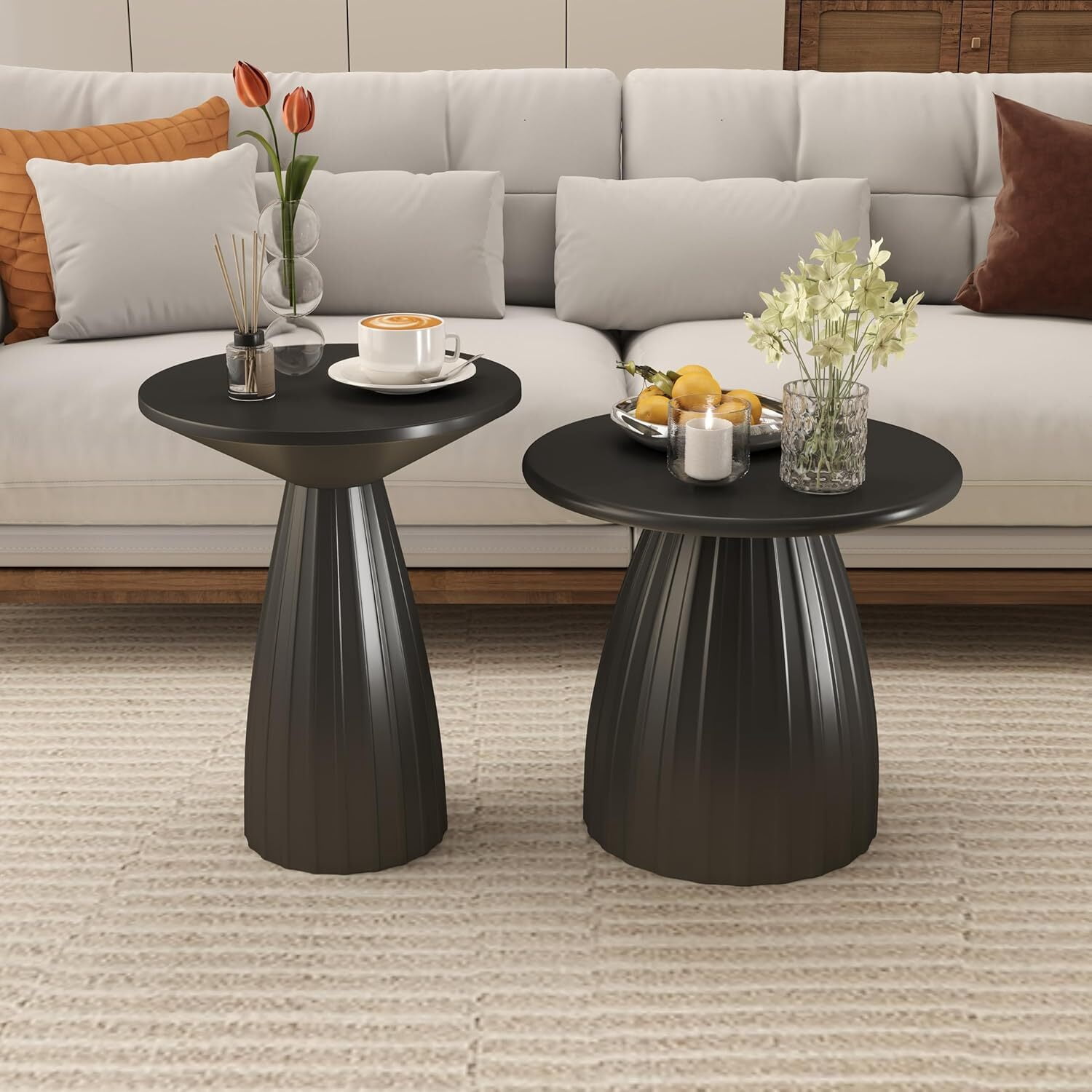 Round End Table for Living Room, Metal Small Side Table, Modern Nightstand Tea Table for Living Room, Black