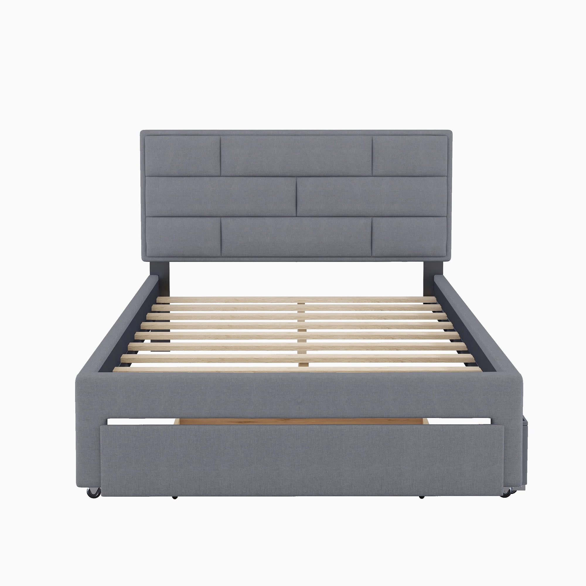 Full Size Linen Upholstered Platform Bed with a Drawer and Shelves for Kids Bedroom, Gray