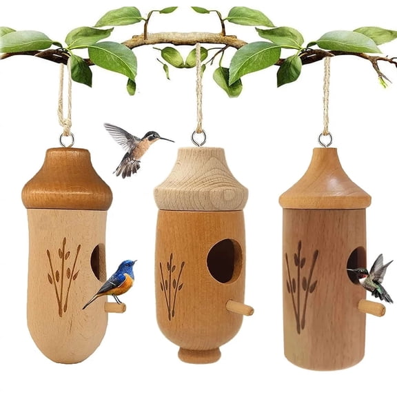 3-Pack Natural Wood Hummingbird House, Outdoor Hanging Bird Nest for Nesting