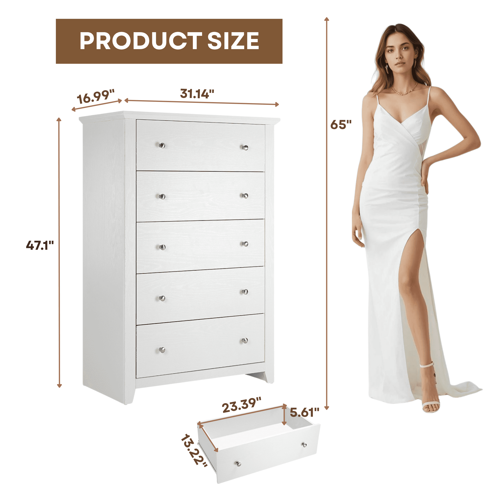 TrumanPick White Dresser for Bedroom Chest of Drawers 5 Drawer Dresser 47" Tall Wood Dresser for Living Room