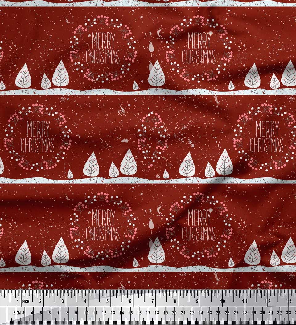 Soimoi Red Moss Georgette Fabric Red Berries & Merry Christmas Text Printed Fabric 1 Yard 42 Inch Wide