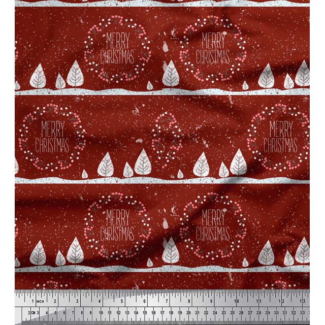 Soimoi Tissu Crêpe polyester Rouge Baies Rouges & Joyeux Noël Tissu Imprimé au Mètre 52 Pouces de Large