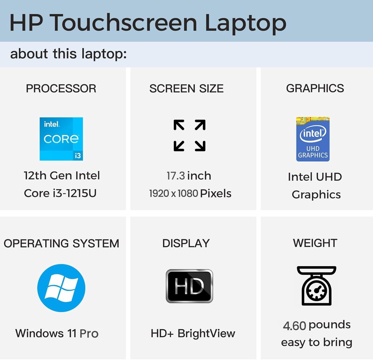 HP 17-inch Laptop Computer for Business - 17.3" FHD LED Display, 12th Gen Intel i3-1215U Processor (up to 4.4GHz0), 8GB RAM, 256GB SSD, Windows 11 Pro, HD Camera, Fast Charge, WiFi, HDMI, USB-A&C