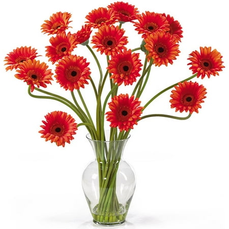Gerber Daisy Flower Arrangements - Nearly Natural Gerber Daisy Liquid Illusion Silk Flower Arrangement, Orange