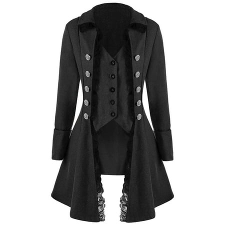 Lace Long Sleeve Coat Women Coat Dress Long Sleeve Retro Lace Trim Button Up Vintage Irregular Tailcoat Outwear Gothic Coat ()
