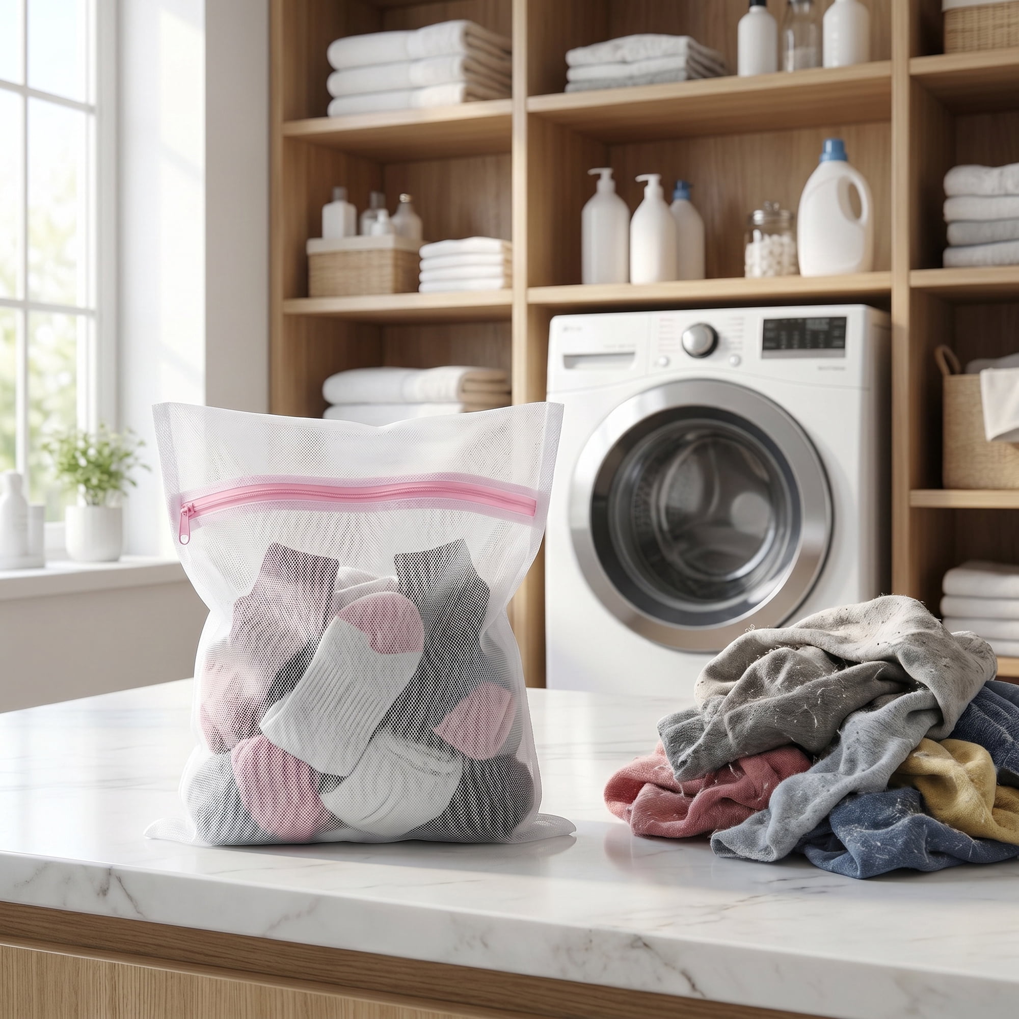 Unique Bargains 3Pcs Durable Mesh Zipper Closure Laundry Bag White-Pink 9.1" x 11.8"