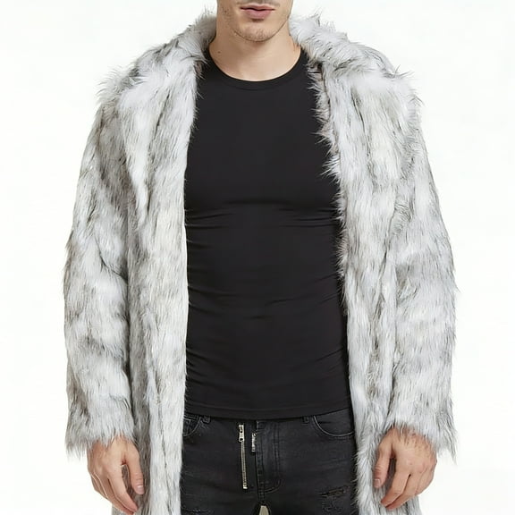 KBKYBUYZ Men's Faux Fox Fur Coat Turn-Down Collar Long Winter Jacket Gray L