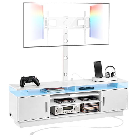 VEVOR TV Stand with Mount, 59.1 Inch, Swivel TV Stand Console with Power Outlet, for 32-75 Inch TVs, Height Adjustable Modern Entertainment Center with Storage & LED Lights, for Living Room, White
