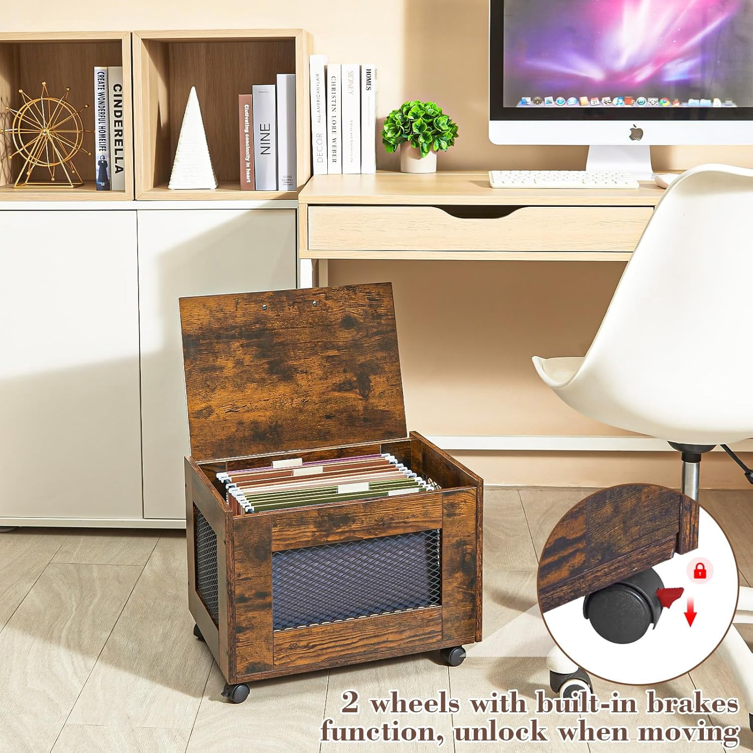 Rolling File Cabinet Cart, Hanging File Organizer Box with Lid for Home Office, Small Filing Cabinet on Wheels Under Desk, Mobile Decorative Document Storage Basket for Letter & Legal Size