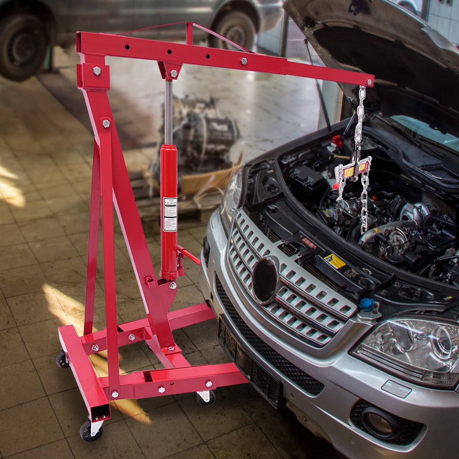 Peakora 2T Folding Hydraulic Crane Hydraulic Crane with Engine Leveler & Wheels Heavy-Duty Cherry Picker Shop Crane Oldable Engine Crane Red