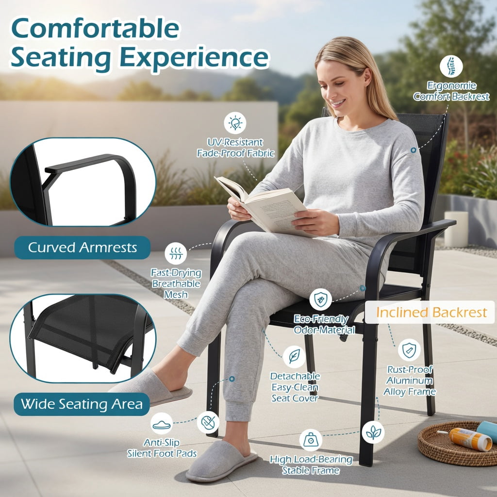 Hommoo Stackable Outdoor Dining Chairs Set of 2, Heavy-Duty Metal Frame Patio Armchairs with Breathable Mesh Back, Black