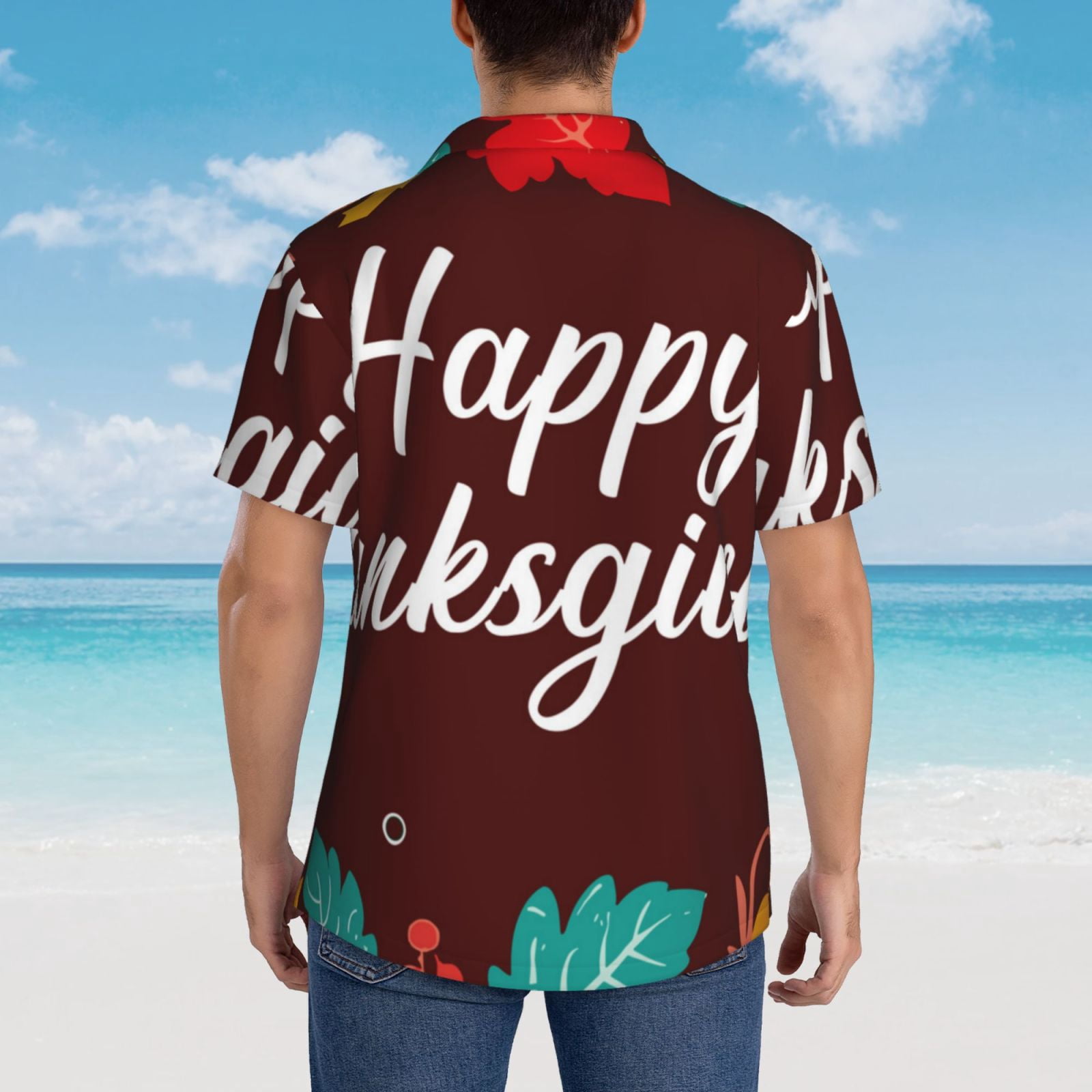 Logiee Happy Thanksgiving Print Mens Hawaiian Shirts,Loose-Fit Short Sleeve Button Down Tropical Aloha Beach Shirt,Summer Vacation Wedding Tops,Medium