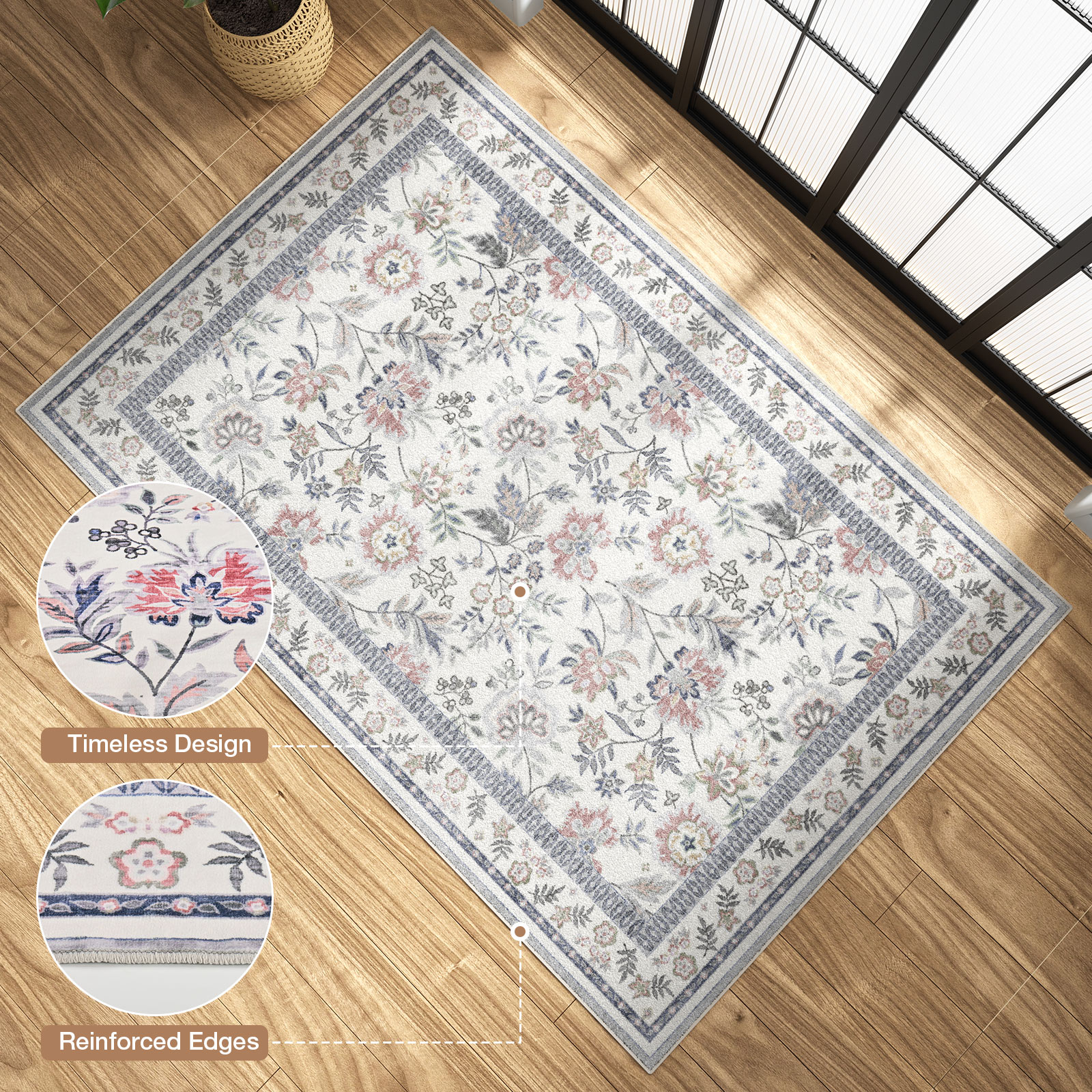 Washable Area Rug for Living Room, NovDeco 4'x6' Boho Blue Floral Print Indoor Rug, Soft Low Pile&Stain Resistant Carpet for Bedroom Nursery Kitchen